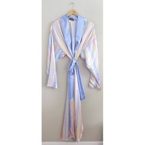 Vintage Christian Dior Pastel Striped Satin Robe | 70s 80s Lingerie Lounge Maxi